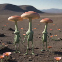 Aliens with small heads and two mushroom-like antennas, drop-shaped bodies, and short, thick legs in a desolate landscape, collecting a flower into a glass container