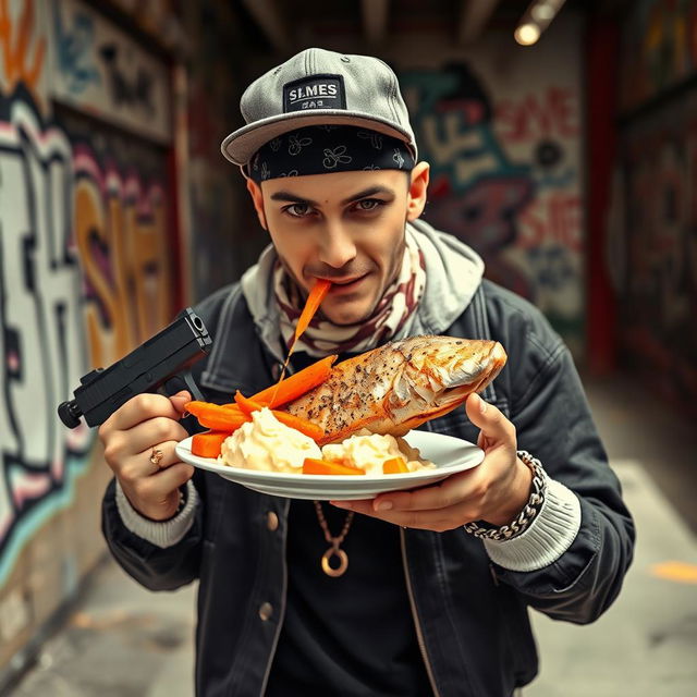 A white wannabe gangster dressed in casual streetwear with a bandana and a cap, holding a 9mm gun in one hand while eating a plate of delicious fish with creamy mashed potatoes and steamed carrots