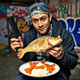 A white wannabe gangster dressed in casual streetwear with a bandana and a cap, holding a 9mm gun in one hand while eating a plate of delicious fish with creamy mashed potatoes and steamed carrots