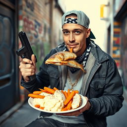 A white wannabe gangster dressed in casual streetwear with a bandana and a cap, holding a 9mm gun in one hand while eating a plate of delicious fish with creamy mashed potatoes and steamed carrots