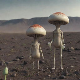 Aliens with small heads and two mushroom-like antennas, drop-shaped bodies, and short, thick legs in a desolate landscape, collecting a flower into a glass container