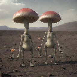 Aliens with small heads and two mushroom-like antennas, drop-shaped bodies, and short, thick legs in a desolate landscape, collecting a flower into a glass container