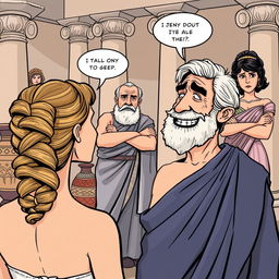 A comic-style illustration set in ancient Greece