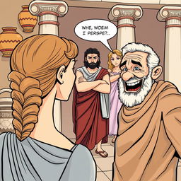 A comic-style illustration set in ancient Greece