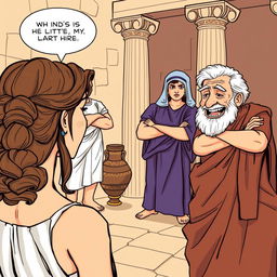 A comic-style illustration set in ancient Greece