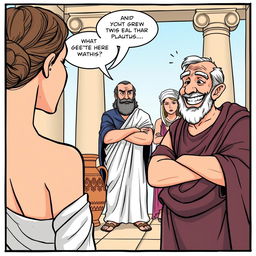 A comic-style illustration set in ancient Greece