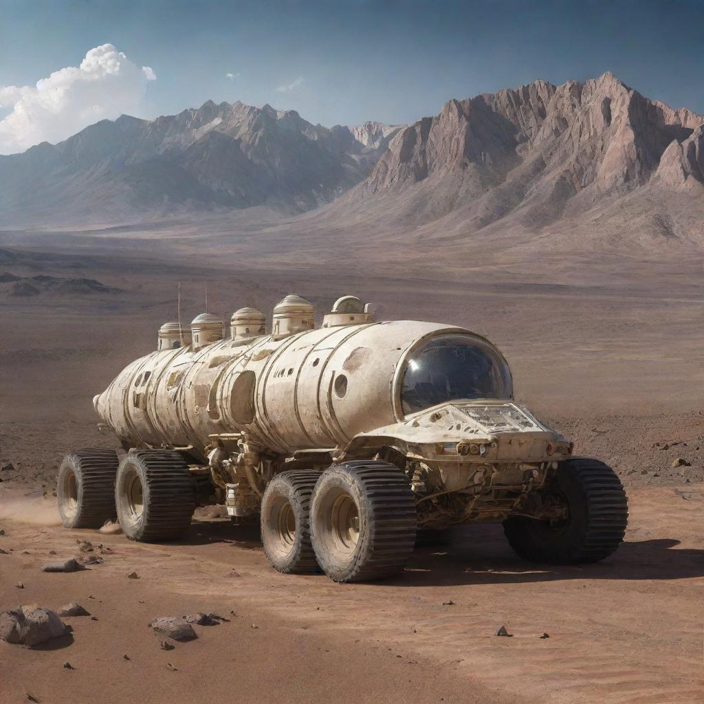 A four-caterpillar space vehicle with intricate details on its body, trekking across an extraterrestrial desert with high rocky mountains