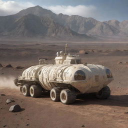 A four-caterpillar space vehicle with intricate details on its body, trekking across an extraterrestrial desert with high rocky mountains