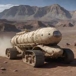 A four-caterpillar space vehicle with intricate details on its body, trekking across an extraterrestrial desert with high rocky mountains