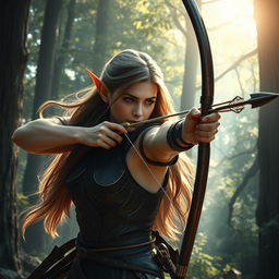 A dramatic and captivating scene featuring a half-elf character, with elegant pointed ears and striking features, passionately shooting a curved bow