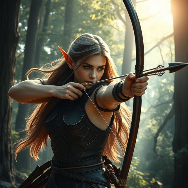 A dramatic and captivating scene featuring a half-elf character, with elegant pointed ears and striking features, passionately shooting a curved bow