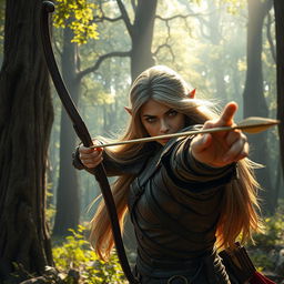 A dramatic and captivating scene featuring a half-elf character, with elegant pointed ears and striking features, passionately shooting a curved bow