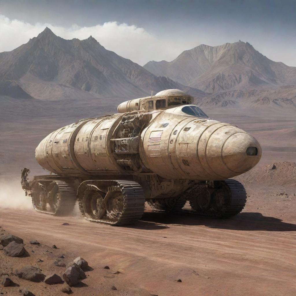 A four-caterpillar space vehicle with intricate details on its body, trekking across an extraterrestrial desert with high rocky mountains