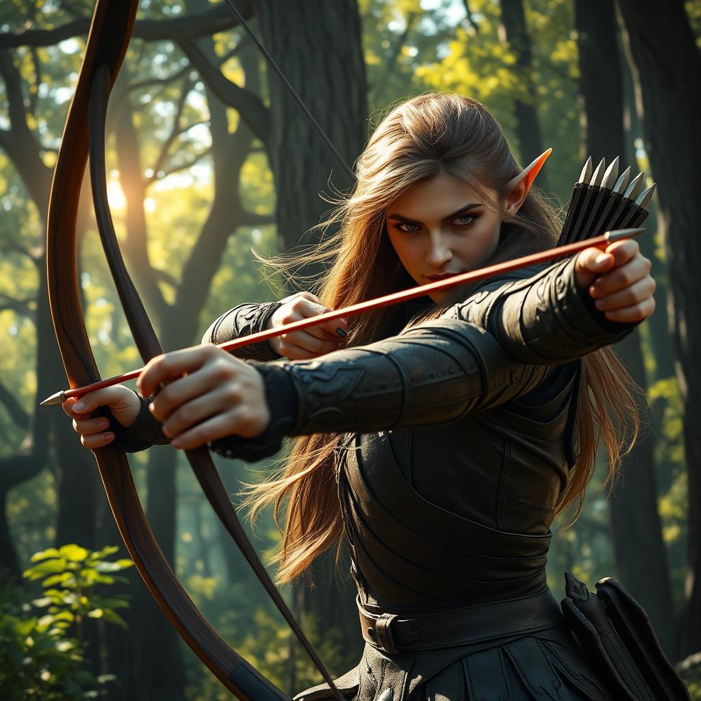 A dramatic and captivating scene featuring a half-elf character, with elegant pointed ears and striking features, passionately shooting a curved bow