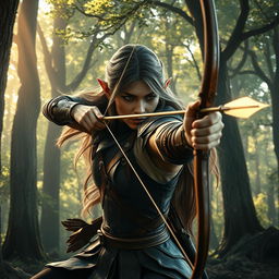A dramatic and captivating scene featuring a half-elf character, with elegant pointed ears and striking features, passionately shooting a curved bow
