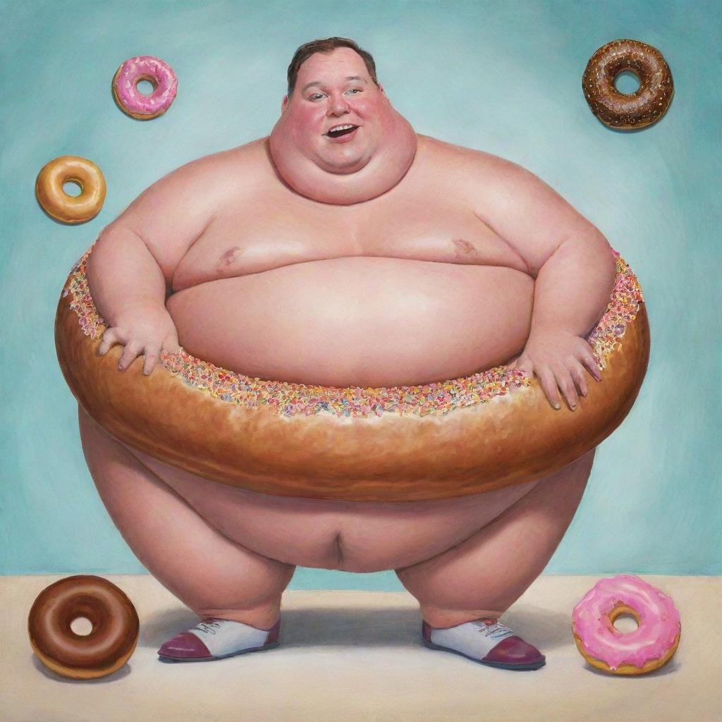 Whimsical illustration of 'The Chronicles of Donut Dave' part one, featuring an overweight man, known for his propensity for indulgence in life's vices