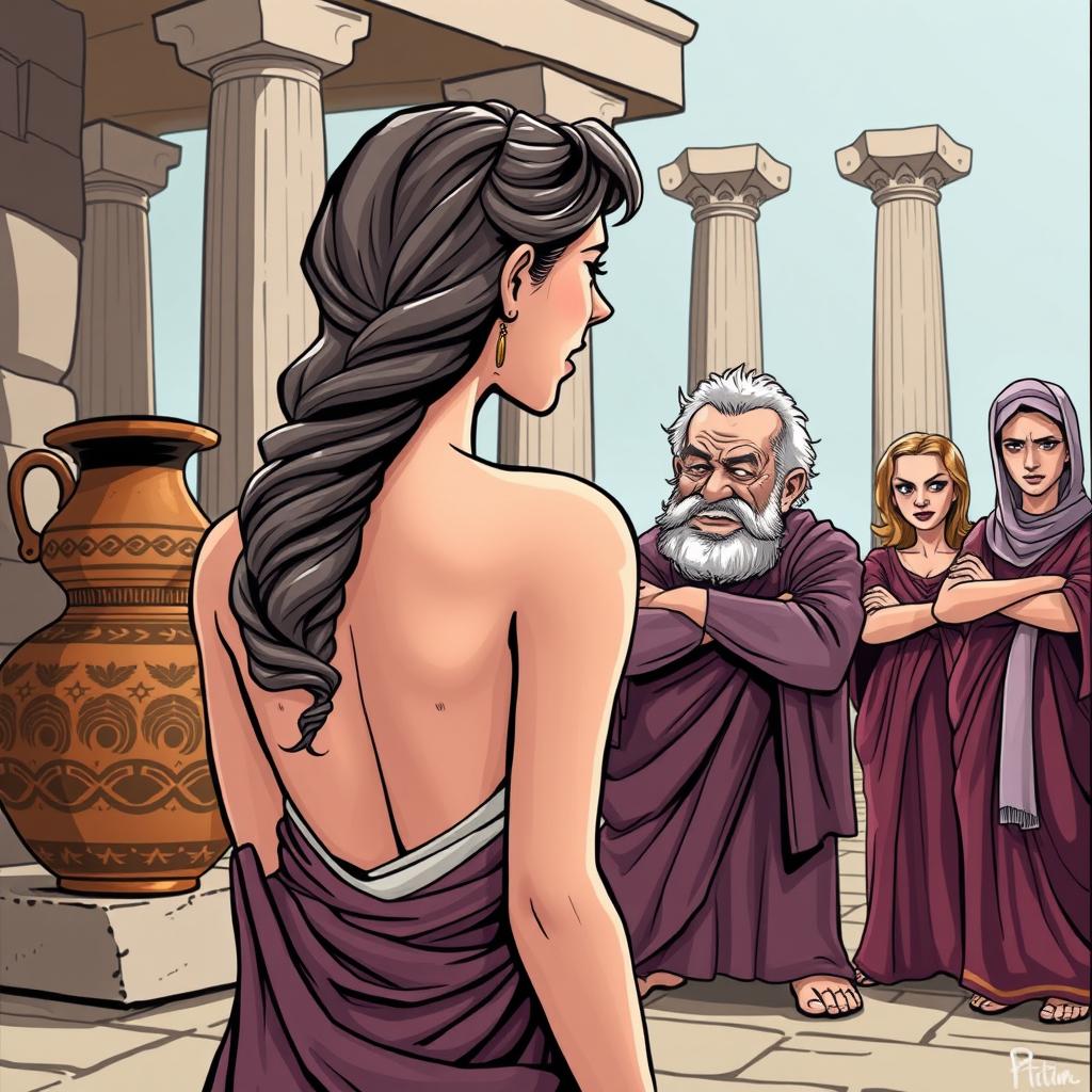 In an ancient Greek setting, a beautiful young Greek woman is depicted from behind, her face unseen, conveying an air of allure and mystery