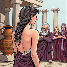 In an ancient Greek setting, a beautiful young Greek woman is depicted from behind, her face unseen, conveying an air of allure and mystery