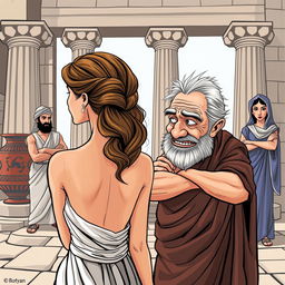 In an ancient Greek setting, a beautiful young Greek woman is depicted from behind, her face unseen, conveying an air of allure and mystery