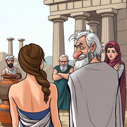 In an ancient Greek setting, a beautiful young Greek woman is depicted from behind, her face unseen, conveying an air of allure and mystery