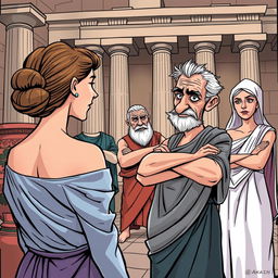 In an ancient Greek setting, a beautiful young Greek woman is depicted from behind, her face unseen, conveying an air of allure and mystery