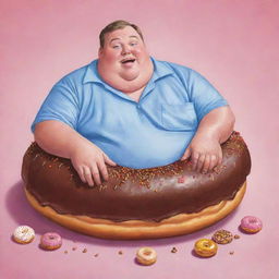 Whimsical illustration of 'The Chronicles of Donut Dave' part one, featuring an overweight man, known for his propensity for indulgence in life's vices