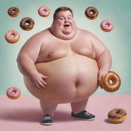 Whimsical illustration of 'The Chronicles of Donut Dave' part one, featuring an overweight man, known for his propensity for indulgence in life's vices