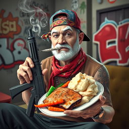 A white wannabe gangster wearing a colorful bandana and a snapback cap, casually holding a joint in his mouth while exhaling smoke