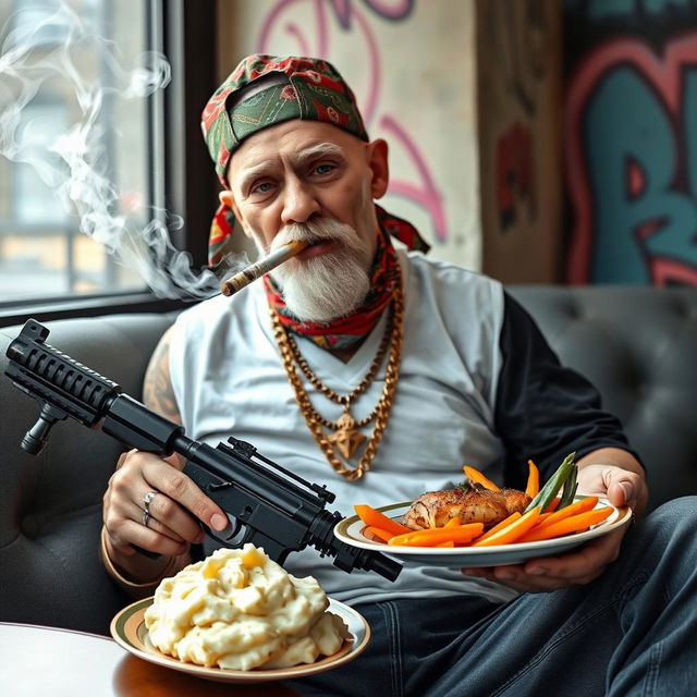 A white wannabe gangster wearing a colorful bandana and a snapback cap, casually holding a joint in his mouth while exhaling smoke