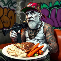 A white wannabe gangster wearing a colorful bandana and a snapback cap, casually holding a joint in his mouth while exhaling smoke