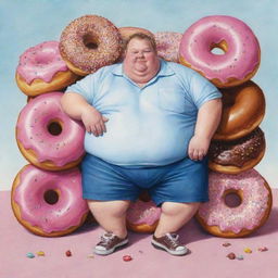 Whimsical illustration of 'The Chronicles of Donut Dave' part one, featuring an overweight man, known for his propensity for indulgence in life's vices