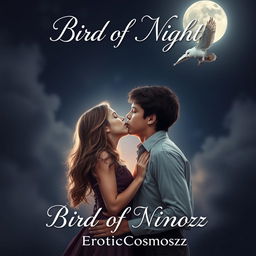 A romantic book cover featuring the title 'Bird of Night' elegantly displayed at the top in flowing, cursive lettering
