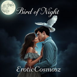 A romantic book cover featuring the title 'Bird of Night' elegantly displayed at the top in flowing, cursive lettering