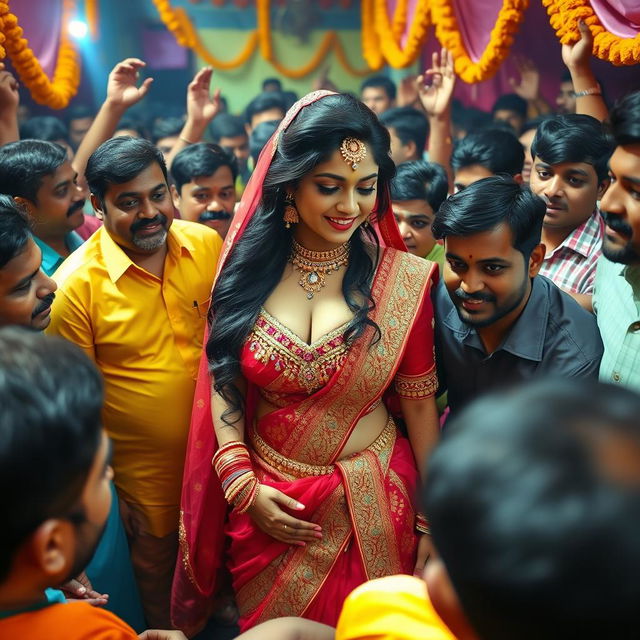 A busty Indian bride in colorful traditional attire, featuring a beautiful embellished lehenga and a big cleavage-revealing blouse, surrounded by a lively crowd of male Indian guests at a vibrant and chaotic wedding