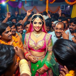 A busty Indian bride in colorful traditional attire, featuring a beautiful embellished lehenga and a big cleavage-revealing blouse, surrounded by a lively crowd of male Indian guests at a vibrant and chaotic wedding