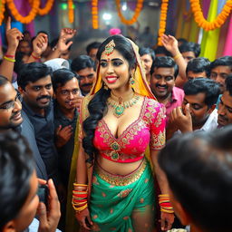 A busty Indian bride in colorful traditional attire, featuring a beautiful embellished lehenga and a big cleavage-revealing blouse, surrounded by a lively crowd of male Indian guests at a vibrant and chaotic wedding