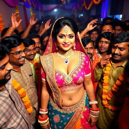 A busty Indian bride in colorful traditional attire, featuring a beautiful embellished lehenga and a big cleavage-revealing blouse, surrounded by a lively crowd of male Indian guests at a vibrant and chaotic wedding
