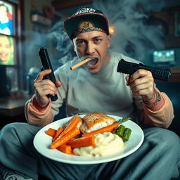 A white wannabe gangster, wearing a colorful bandana and a snapback cap, has a joint casually held in his mouth, surrounded by a haze of smoke