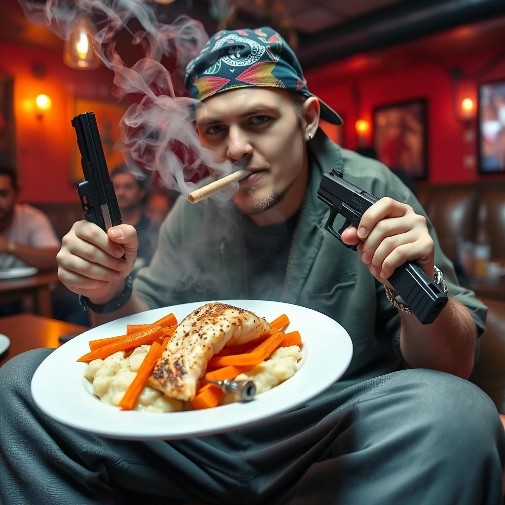 A white wannabe gangster, wearing a colorful bandana and a snapback cap, has a joint casually held in his mouth, surrounded by a haze of smoke