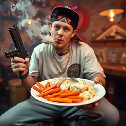 A white wannabe gangster, wearing a colorful bandana and a snapback cap, has a joint casually held in his mouth, surrounded by a haze of smoke