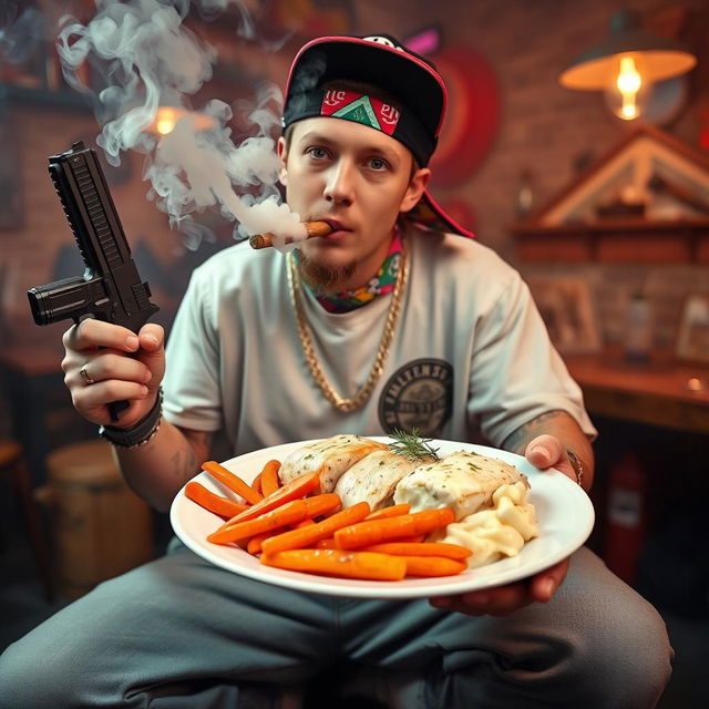 A white wannabe gangster, wearing a colorful bandana and a snapback cap, has a joint casually held in his mouth, surrounded by a haze of smoke