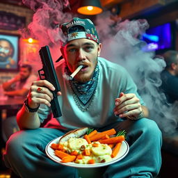 A white wannabe gangster, wearing a colorful bandana and a snapback cap, has a joint casually held in his mouth, surrounded by a haze of smoke