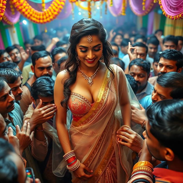 A busty Indian bride wearing an elegant transparent saree that beautifully showcases her big cleavage, complemented by a stylish strapless bikini underneath