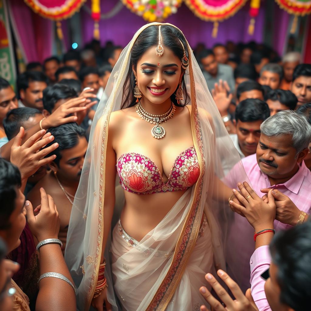 A busty Indian bride wearing an elegant transparent saree that beautifully showcases her big cleavage, complemented by a stylish strapless bikini underneath