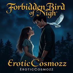An enchanting book cover featuring the title 'Forbidden Bird of Night' elegantly displayed at the top in intricate, flowing typography