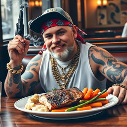 A white wannabe gangster wearing a colorful bandana, adorned with cold chains and flashy gold teeth