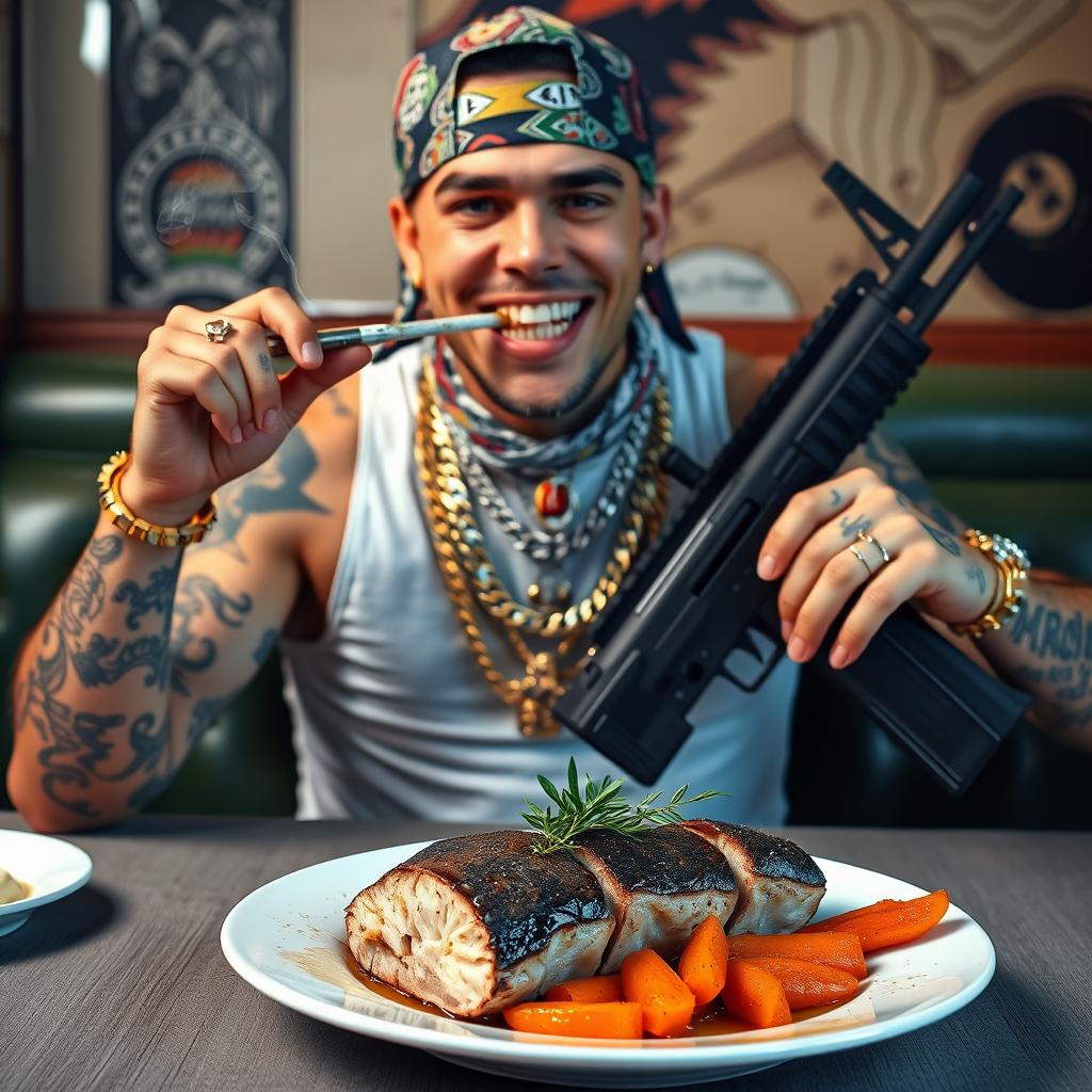 A white wannabe gangster wearing a colorful bandana, adorned with cold chains and flashy gold teeth