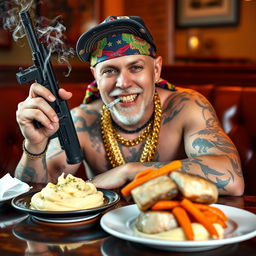 A white wannabe gangster wearing a colorful bandana, adorned with cold chains and flashy gold teeth
