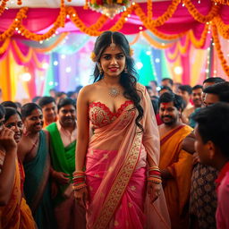 An Indian bride wearing a stunning transparent saree that highlights her big cleavage, complemented by a stylish strapless bikini underneath