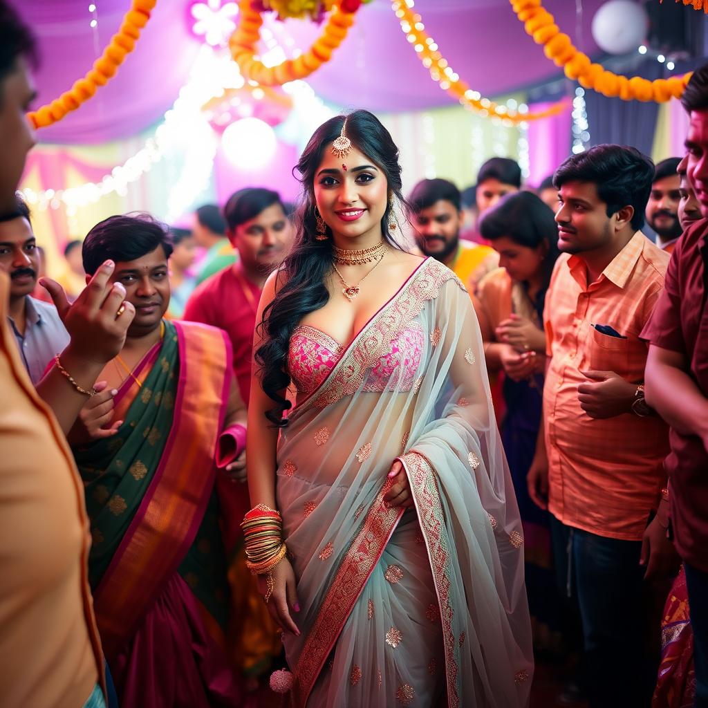 An Indian bride wearing a stunning transparent saree that highlights her big cleavage, complemented by a stylish strapless bikini underneath